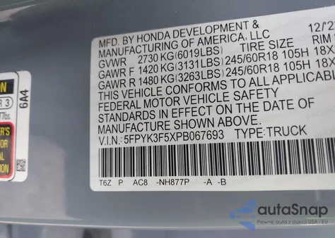2023 Honda Ridgeline Rtl from USA, damaged, VIN 5FPYK3F5XPB067693